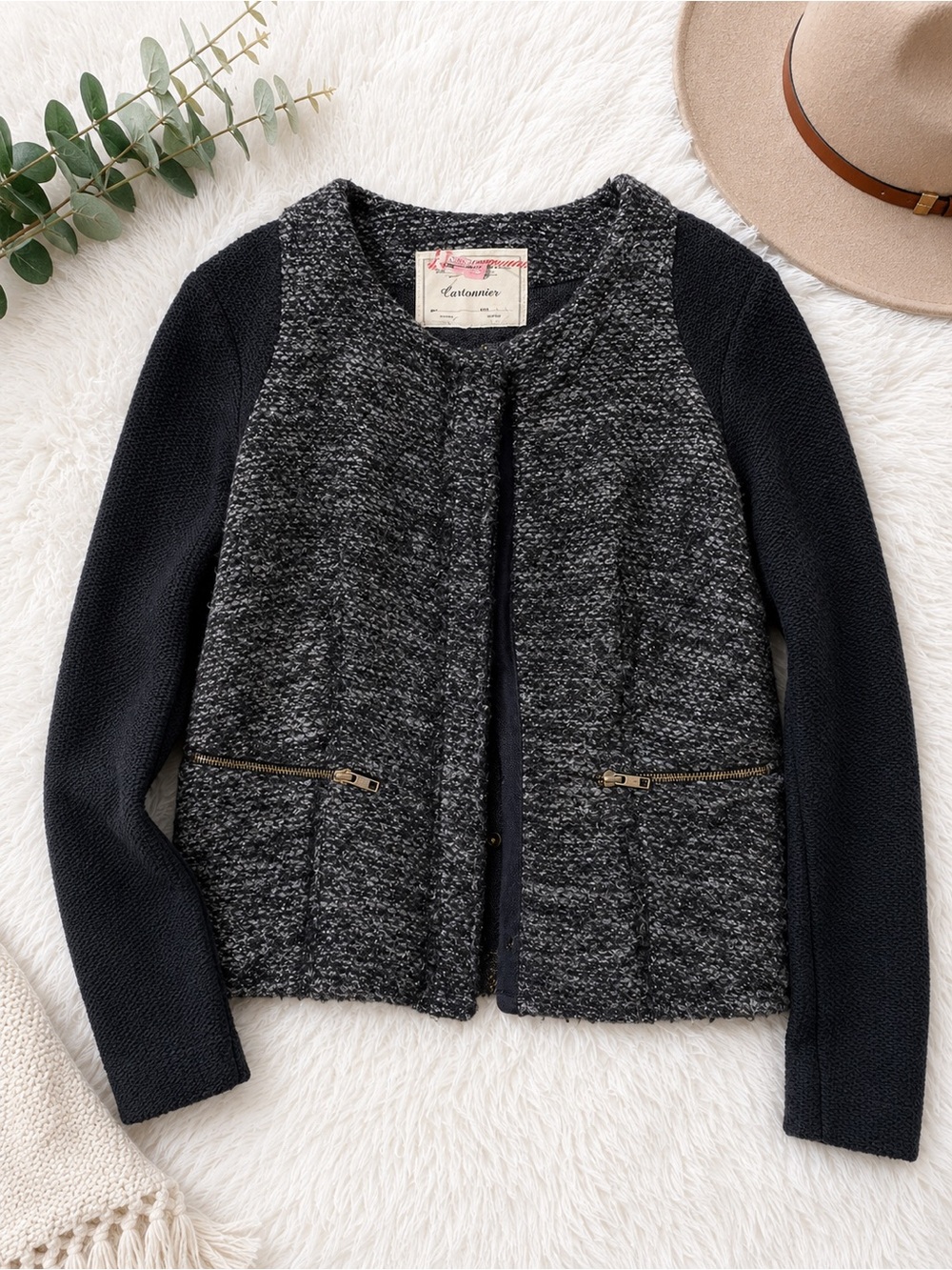 Anthropologie Cartonnier Tweed Knit Zip Pocket Jacket Black Gray Size M